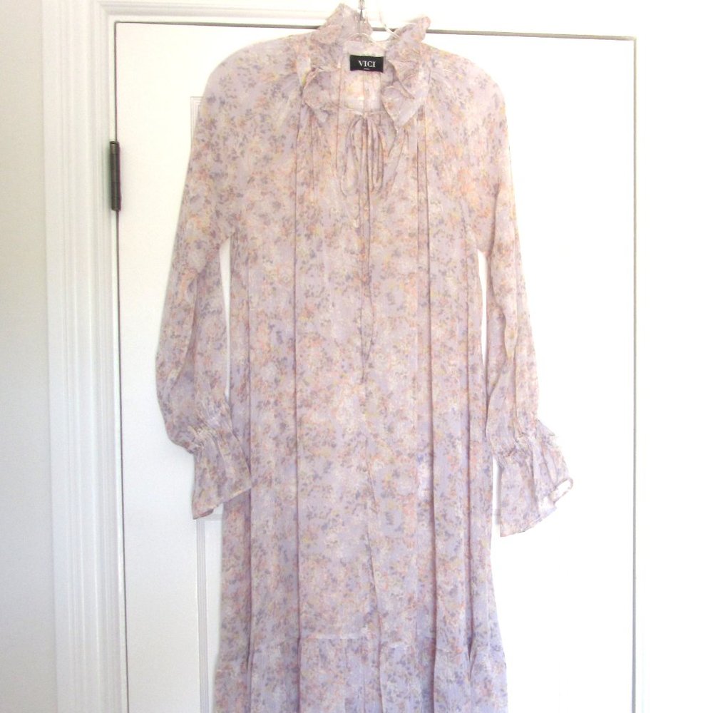 Vici Floral Maxi Dress, Soft Lavender, Sheer, Long Sleeves, Ruffled, Size Small